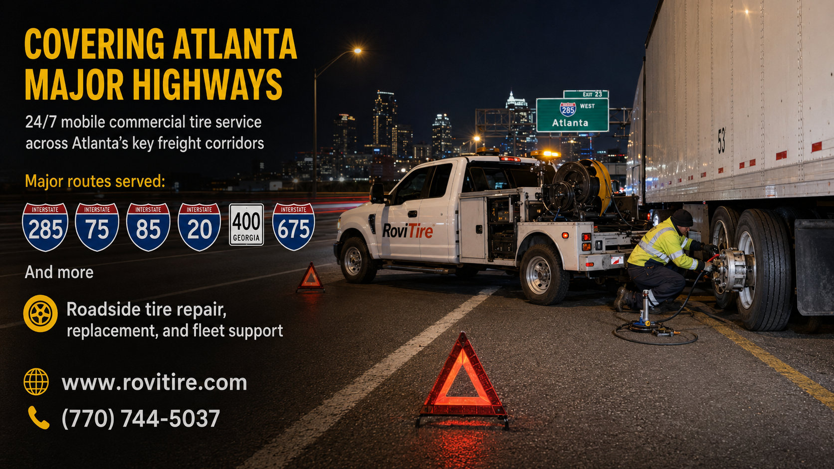 Commercial mobile tire repair support truck image for Atlanta fleet and roadside service requests
