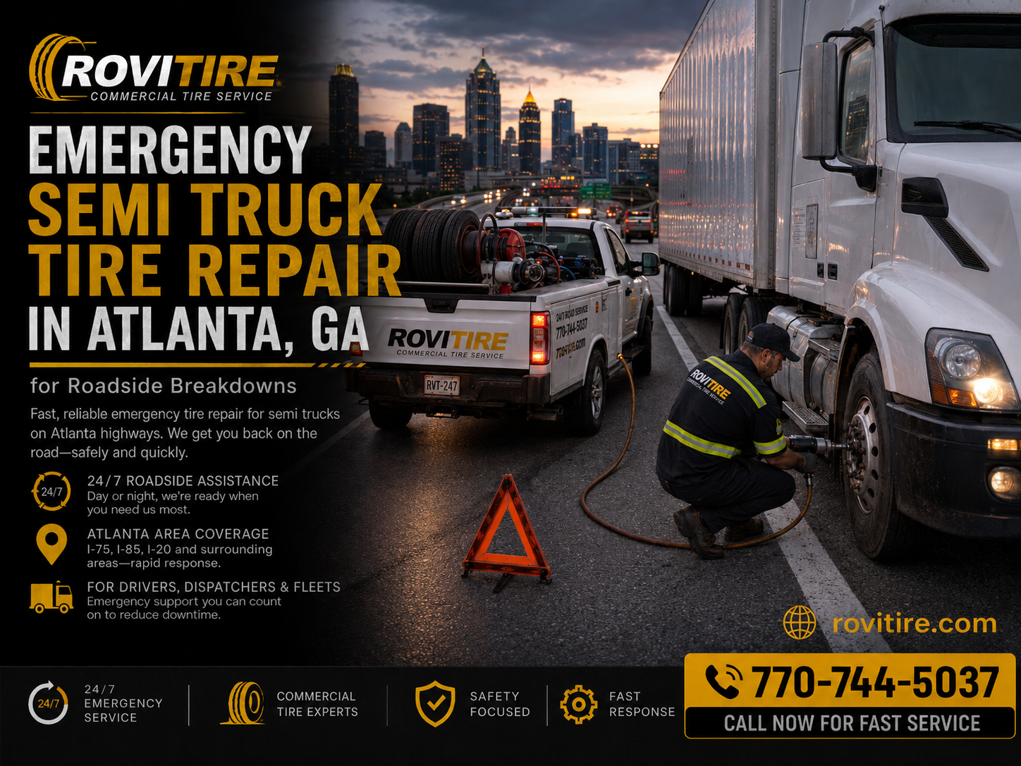 Emergency semi truck tire repair roadside support image in Atlanta