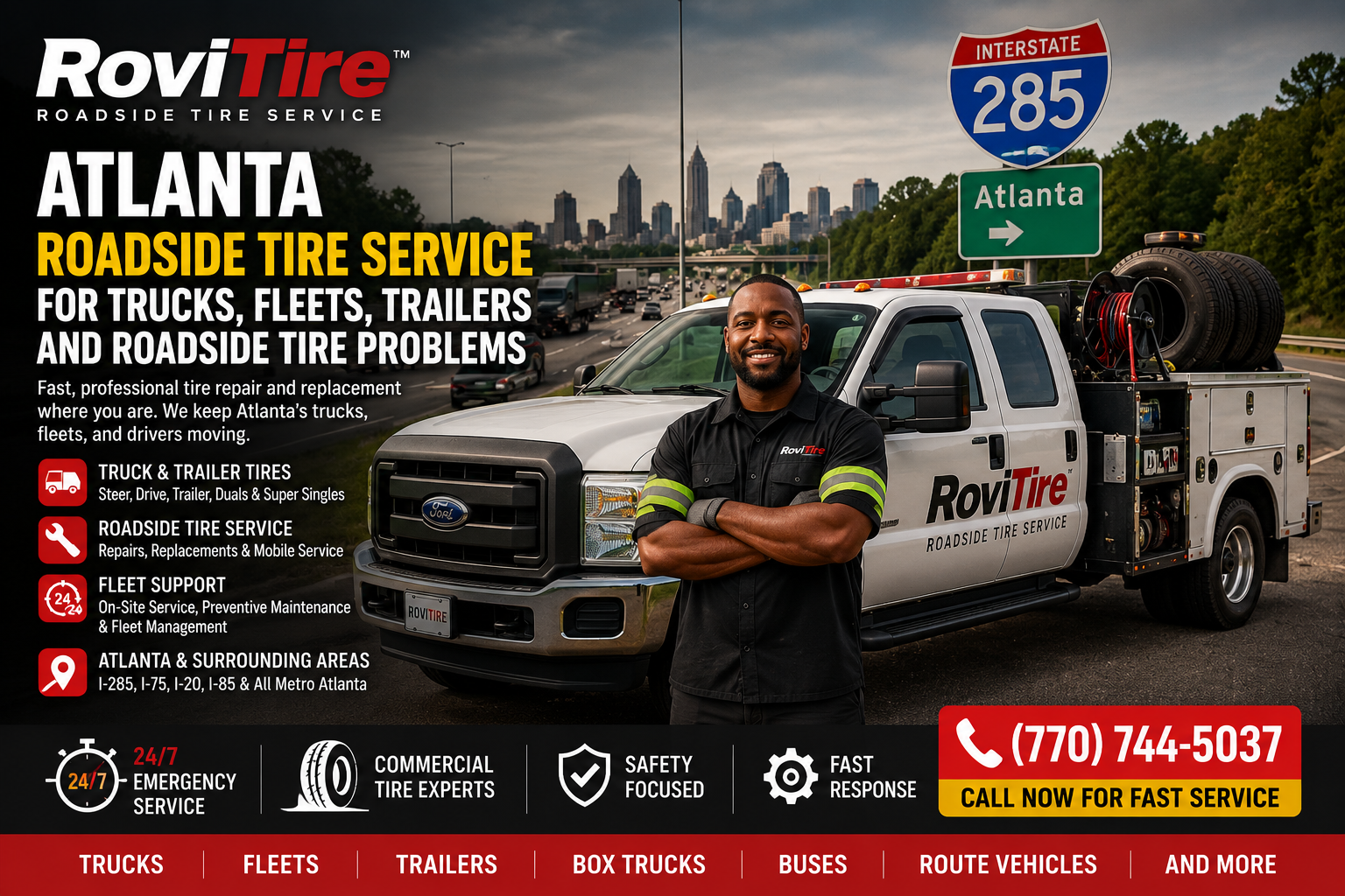 Commercial truck tire repair coordination for I-285 in Atlanta near shoulders, ramps, exits, and interchanges